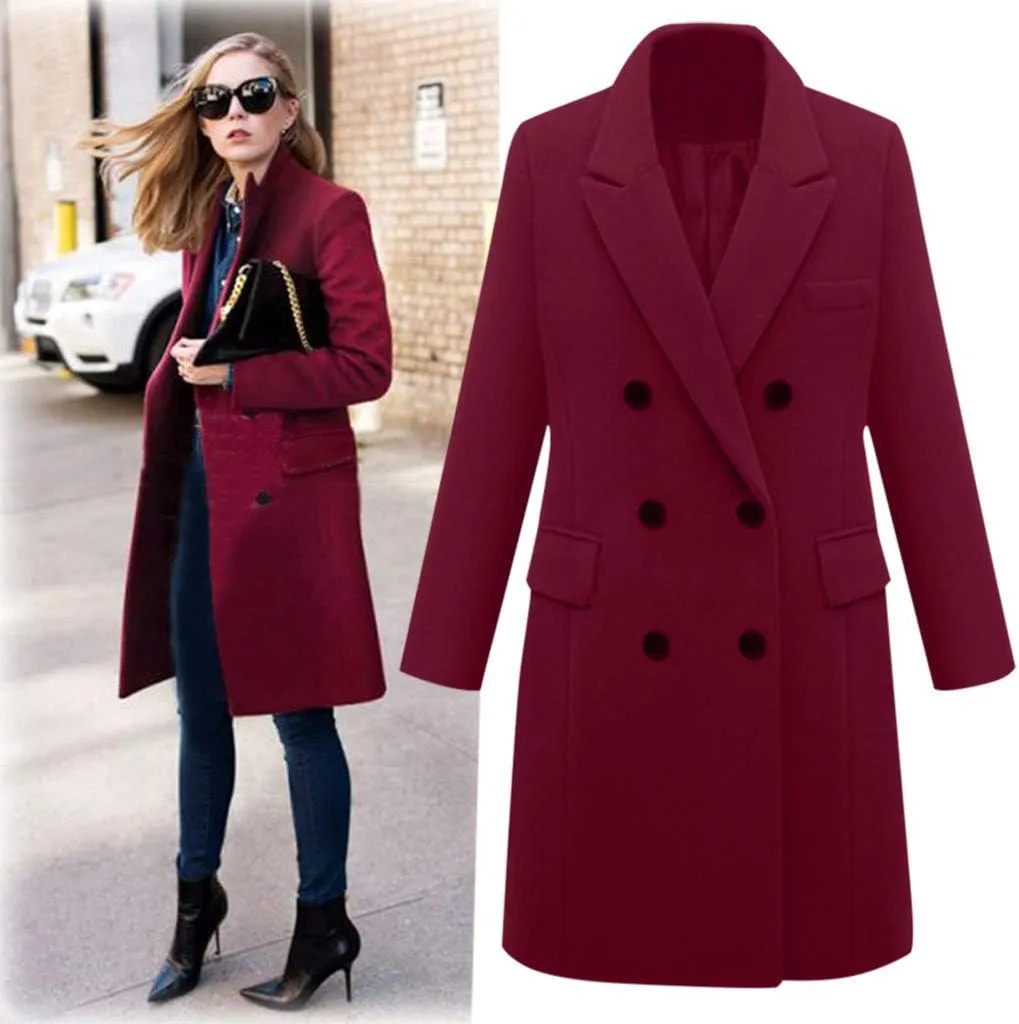 XUNRYAN Womens Wool-Blend Trench Coats Long Sleeve Jackets Casual Button Peacoats Elegant Blazer Suit Notch Lapel Slim Outer