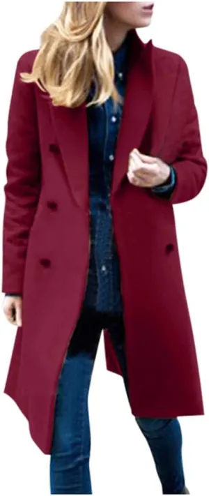 XUNRYAN Womens Wool-Blend Trench Coats Long Sleeve Jackets Casual Button Peacoats Elegant Blazer Suit Notch Lapel Slim Outer